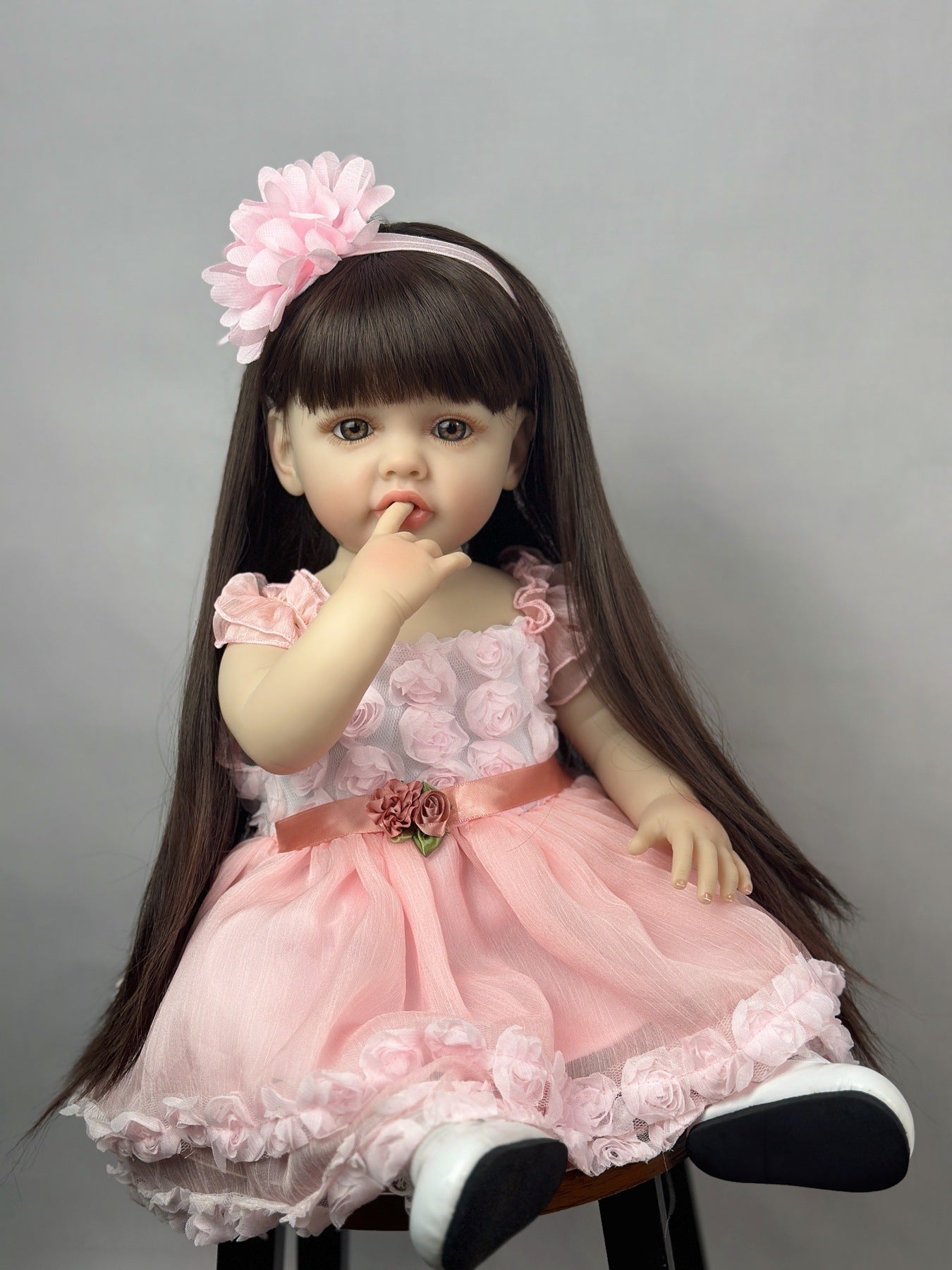 Bambola Reborn Bambina Capelli Castani Lunghi 22 Pollici In Abito Rosa-Betty