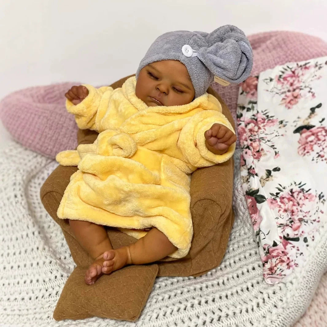 19 Inches Realistic Closed Eyes Dark Skin Reborn Doll Peaches in Yellow Bathrobe