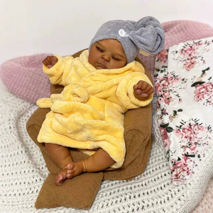 19 Inches Realistic Closed Eyes Dark Skin Reborn Doll Peaches in Yellow Bathrobe