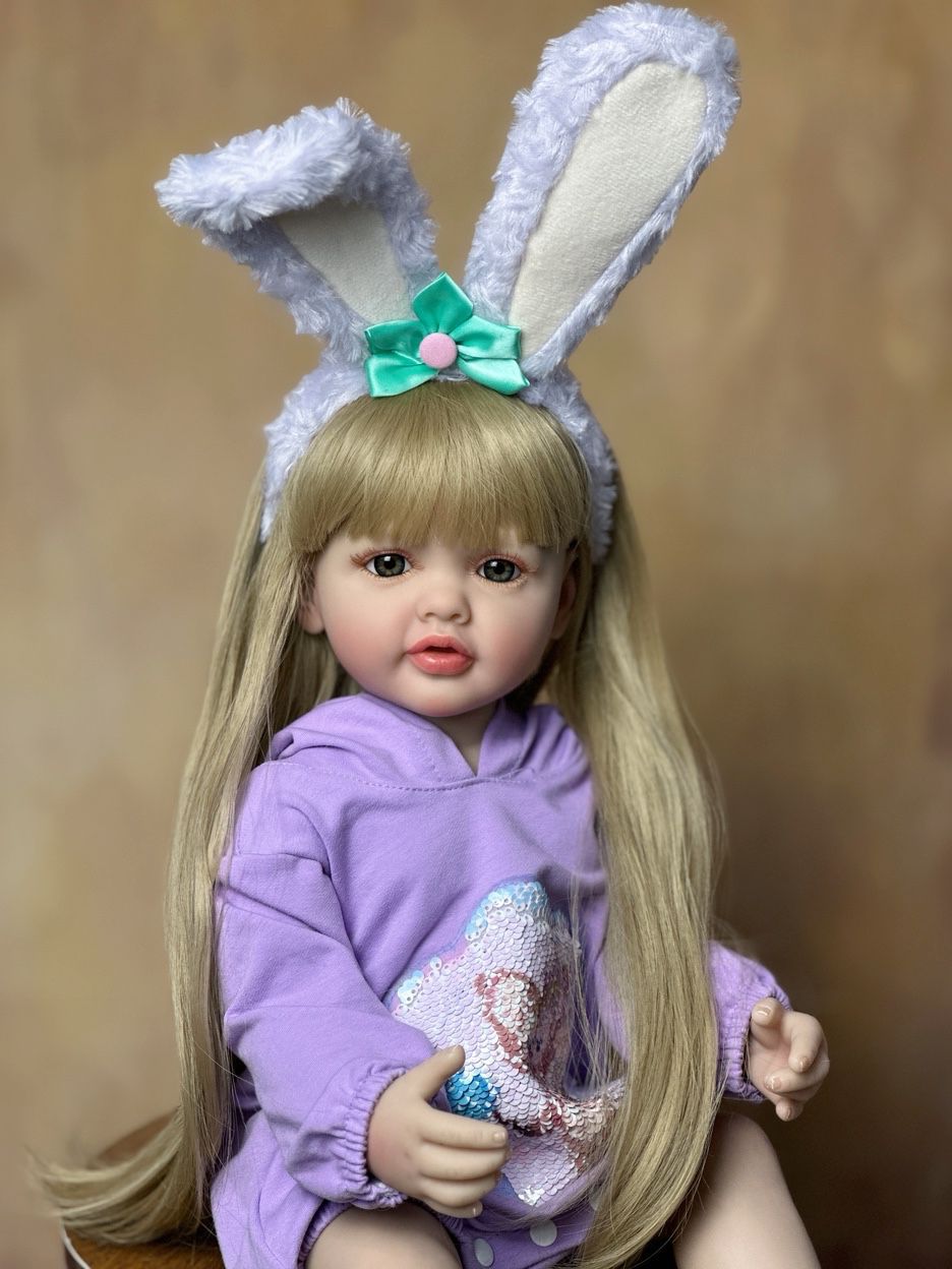 55cm Open Eyes Long Hair Reborn Baby Girl In Purple Clothes and bunny ear headband-Betty