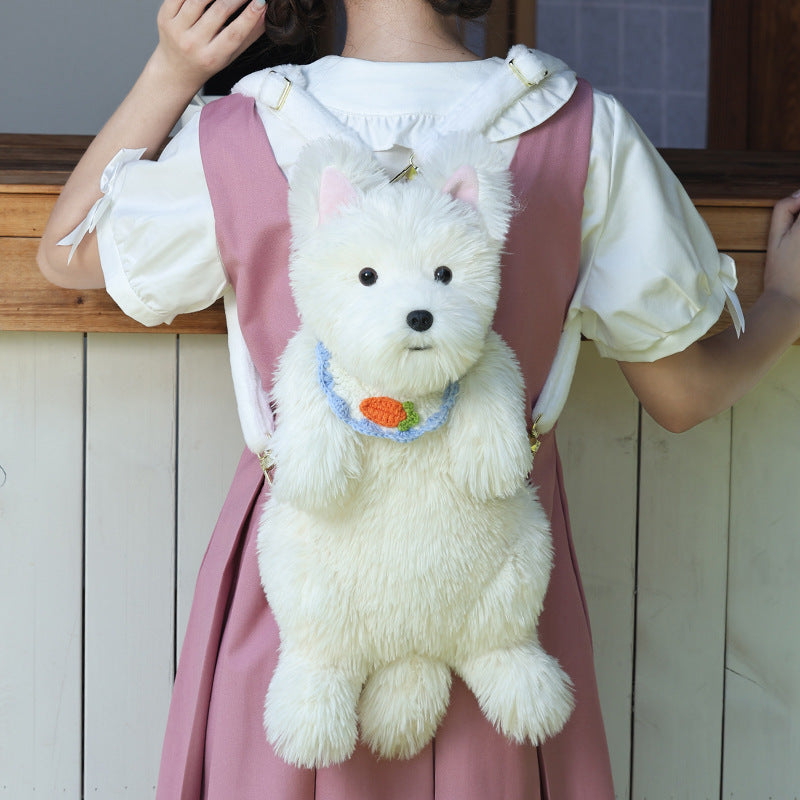 Adorabile zaino fatto a mano in peluche realistico con cucciolo West Highland