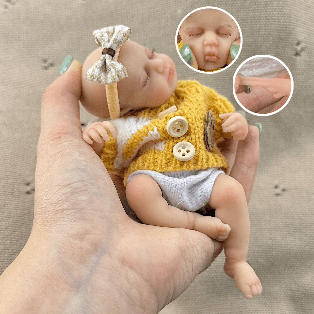 15cm Silicone Closed Eyes loulou Mini Reborn Doll in Yellow Stripes Sweater
