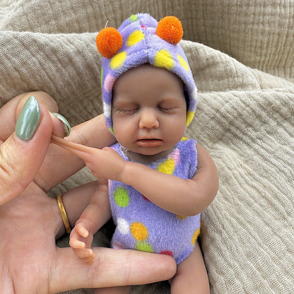 15cm Silicone Dark Skin Loulou Mini Reborn Doll in Polk Dot Outfits
