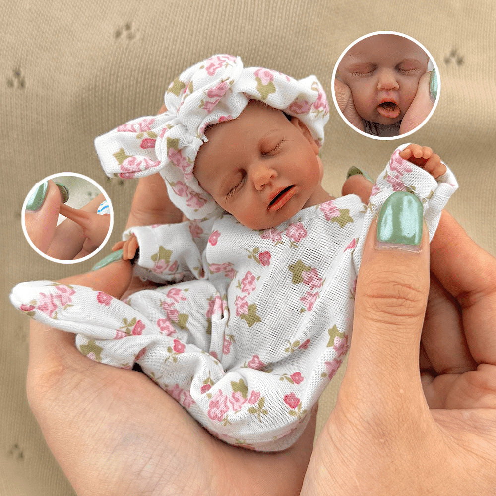 15cm Silicone Dark Skin Loulou Mini Reborn Doll in White Floral Outfits