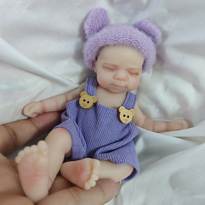 6 Inch Closed Eyes Silicone Mini Reborn Doll Girl Pascale In Bear Overalls