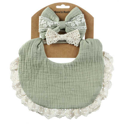 Lace cotton solid color Bib & Headband 3-Piece Set