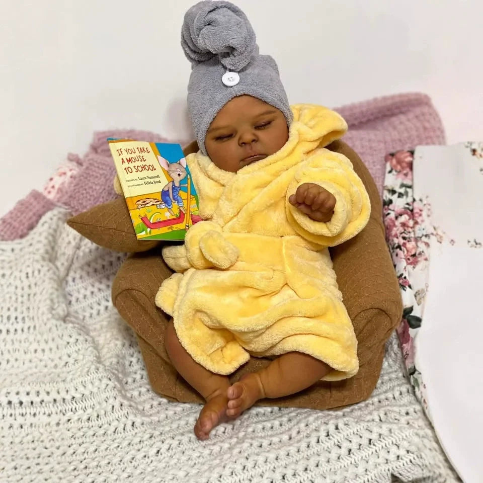 19 Inches Realistic Closed Eyes Dark Skin Reborn Doll Peaches in Yellow Bathrobe