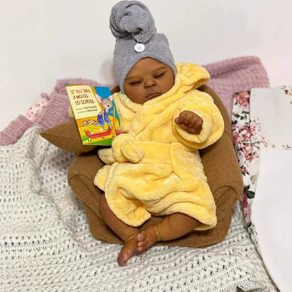 19 Inches Realistic Closed Eyes Dark Skin Reborn Doll Peaches in Yellow Bathrobe
