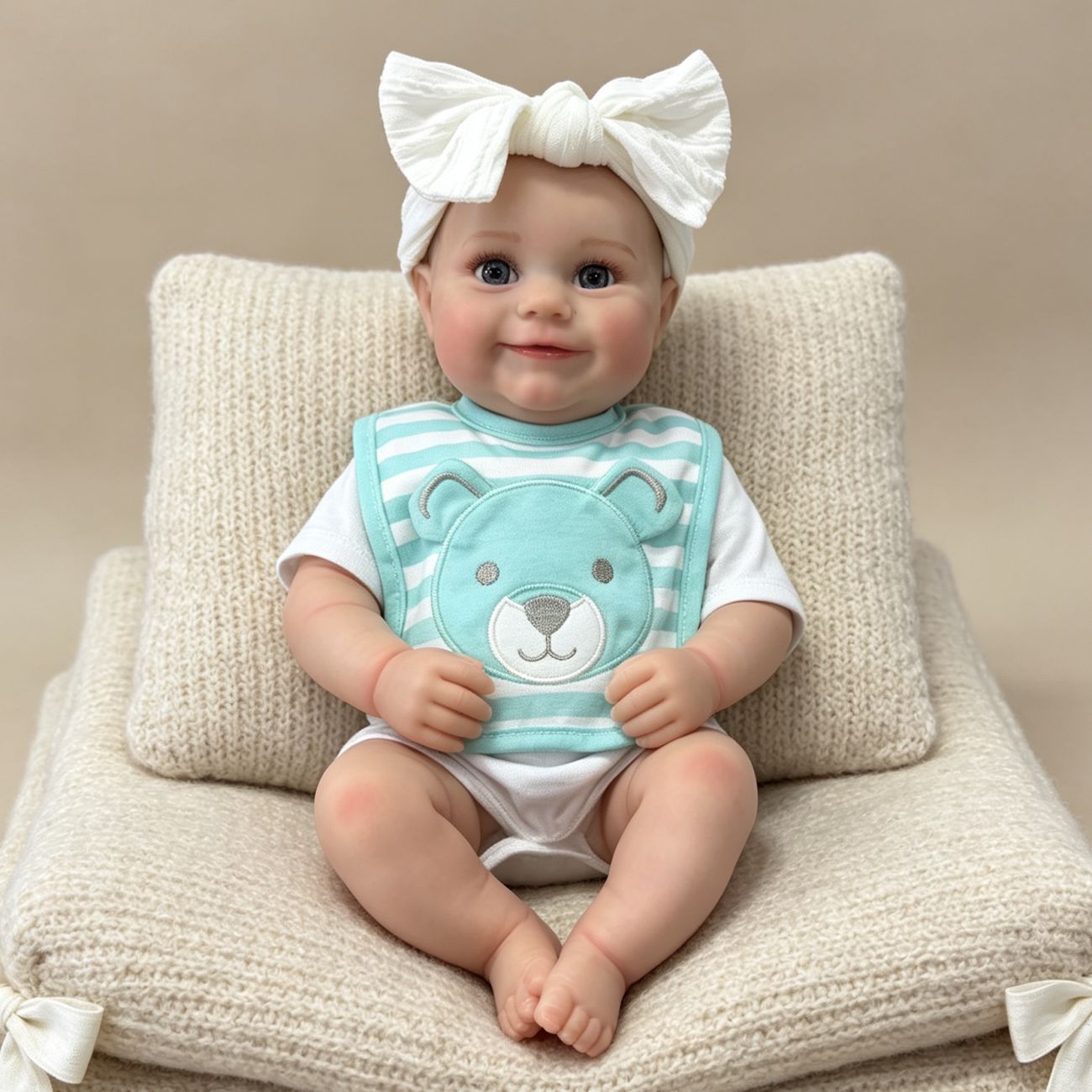 Bambola Reborn femminile Maddie da 50 cm realistica con occhi aperti sorriso e bavaglino a righe blu