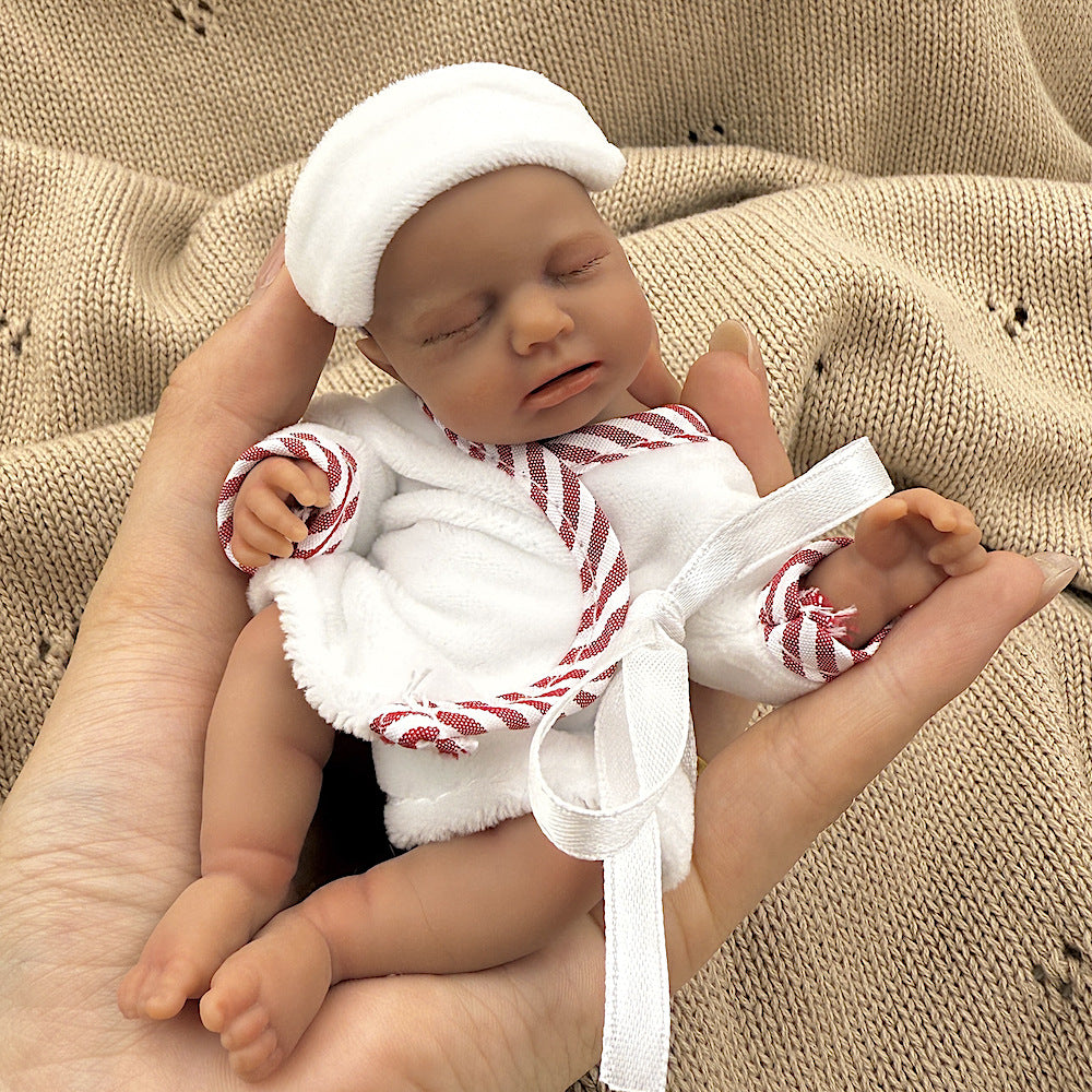 15cm Silicone Dark Skin Loulou Mini Reborn Doll in White Bathrobe