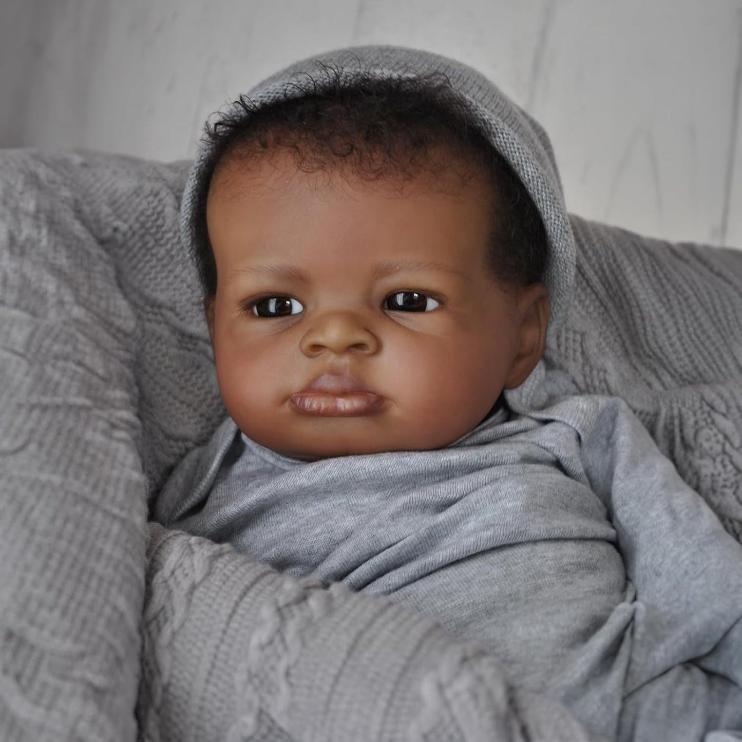 20 Inches Open Eyes Dark Skin Curly Hair Reborn Doll in Gray Clothes-Lanny