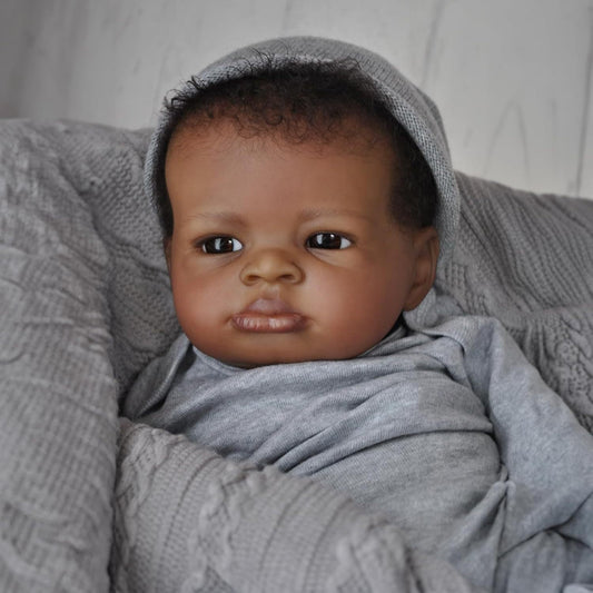 20 Inches Open Eyes Dark Skin Curly Hair Reborn Doll in Gray Clothes-Lanny