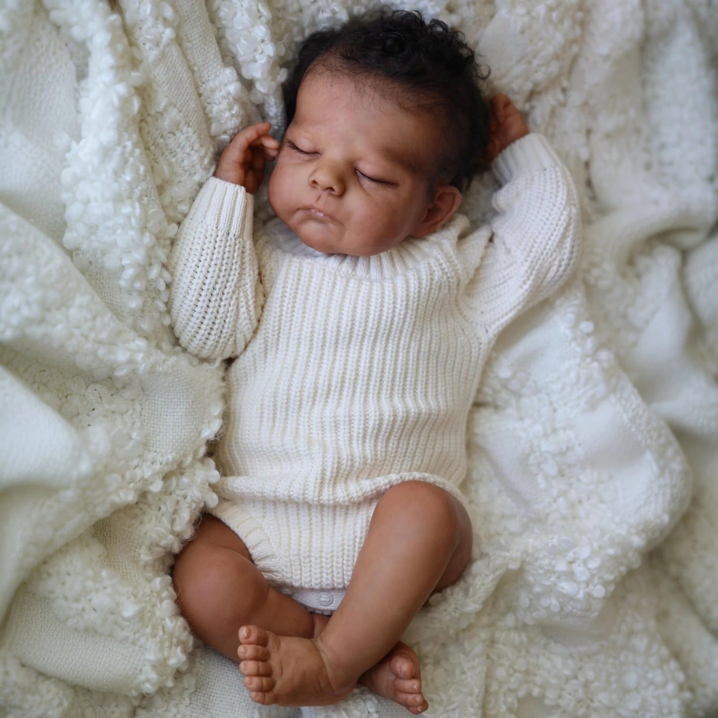 50cm Closed Eyes Dark Skin Short Hair Reborn Doll Eric In White Sweater