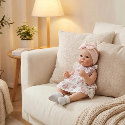 Bambola reborn Bettie da 18 pollici con occhi azzurri realistici vestita con un abito floreale