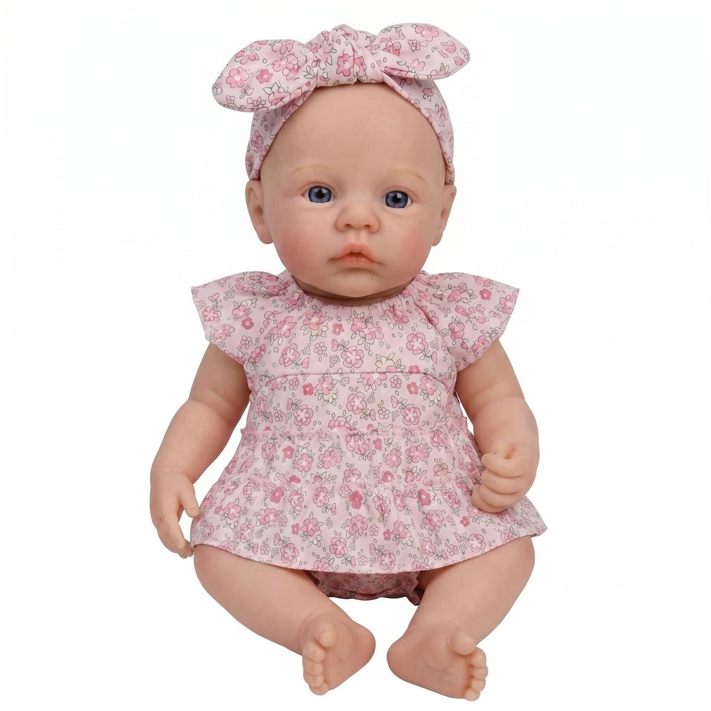 Bambola reborn realistica in silicone da 18 pollici con vestito floreale raffigurante una bambina di nome Meadow