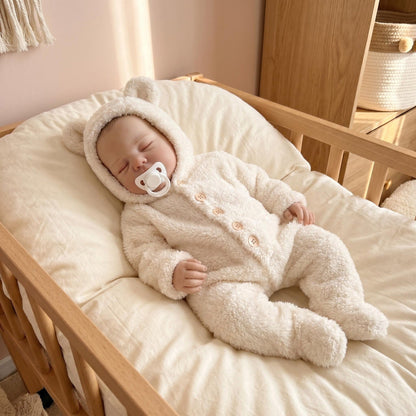 Bambola reborn di Pickle 48 cm con corpo morbido vestita con tutina di peluche beige