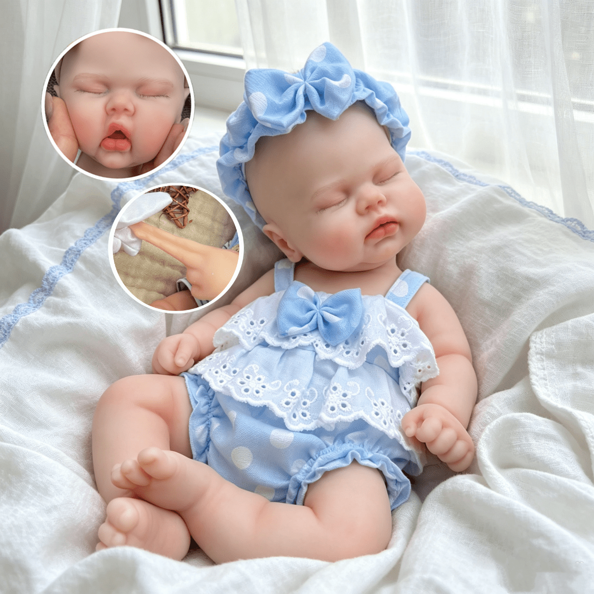 Bambola reborn in silicone realistica Pickle 30 cm con vestito a pois blu