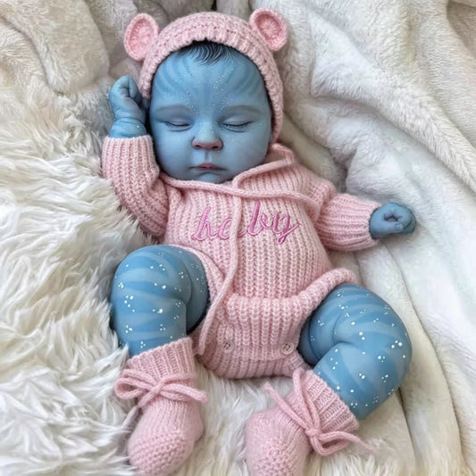 Bambola reborn Peaches Asleep da 19 pollici vestita con una tutina rosa lavorata a maglia