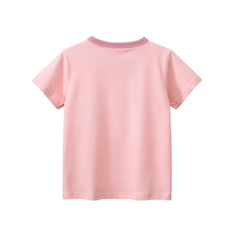 Pink Cartoon Rabbit Round Collar Short Sleeve T-shirt