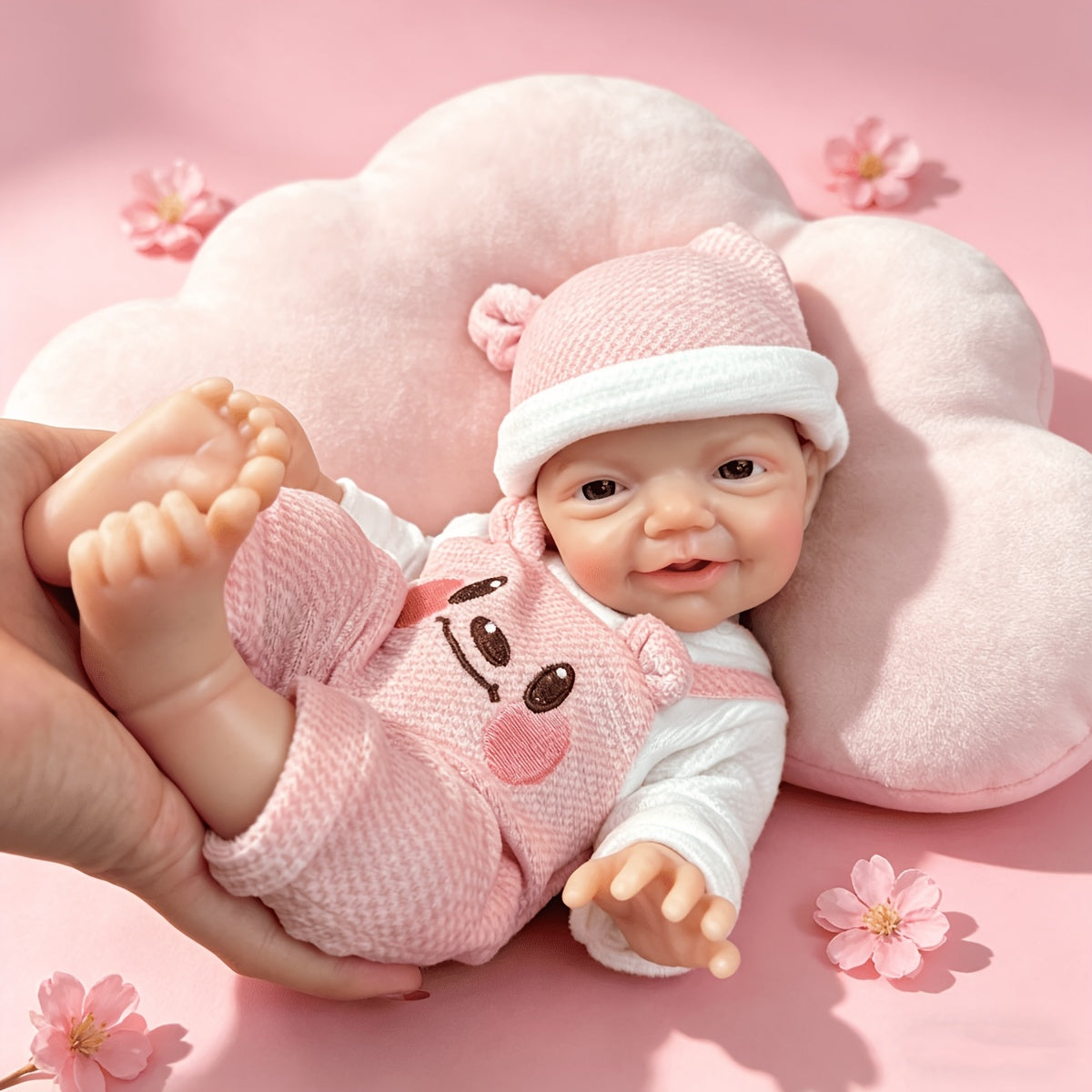 Bambina reborn Charlie alta 30 cm con sorriso realistico e occhi azzurri in silicone vestita con abiti da orsetto rosa
