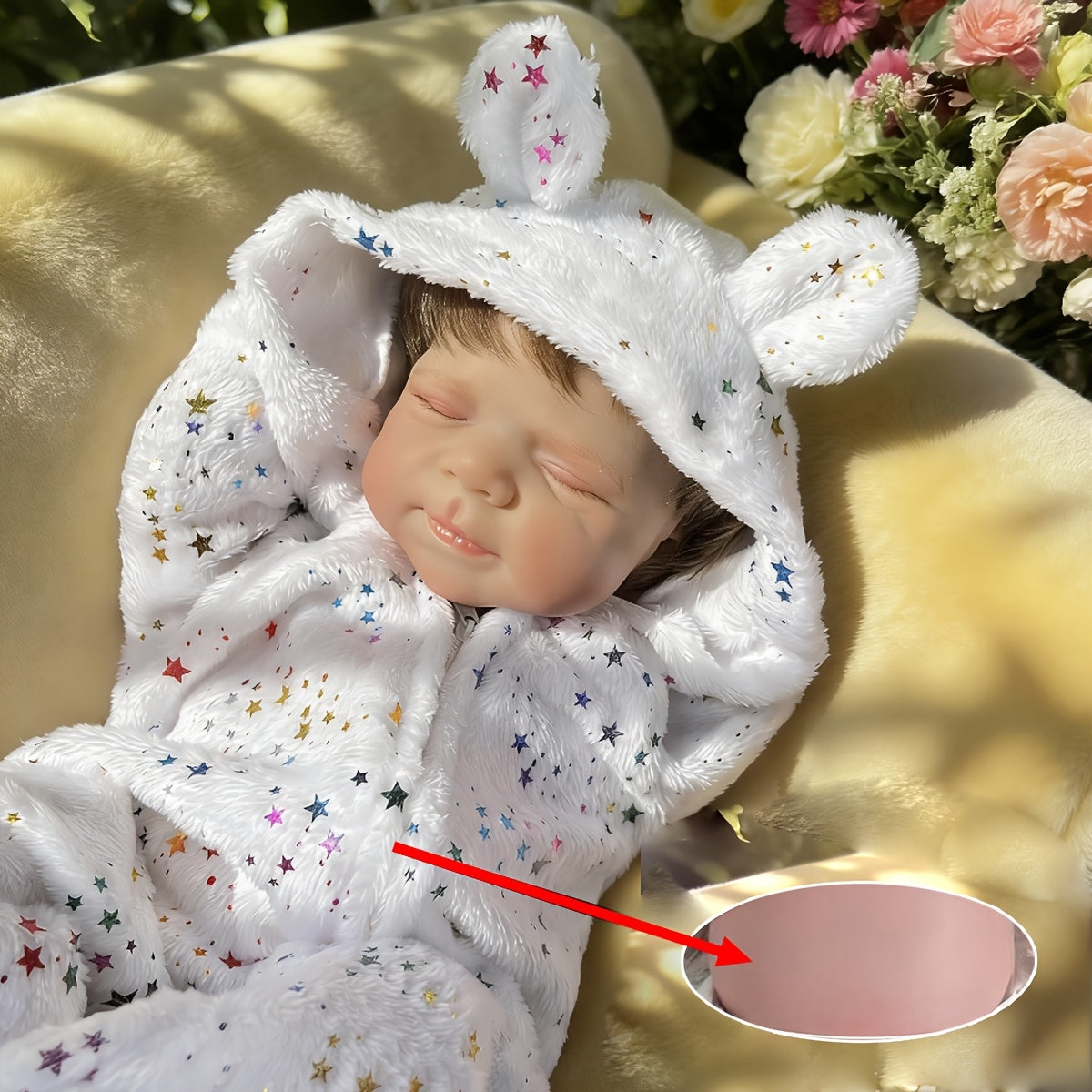 Pascale bambina reborn realistica con occhi chiusi alta 48 cm con tutina a stelle