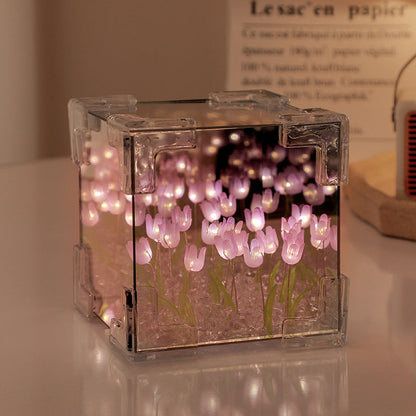 Luce notturna a specchio 3D creativa con cubo di Rubik e 20 tulipani