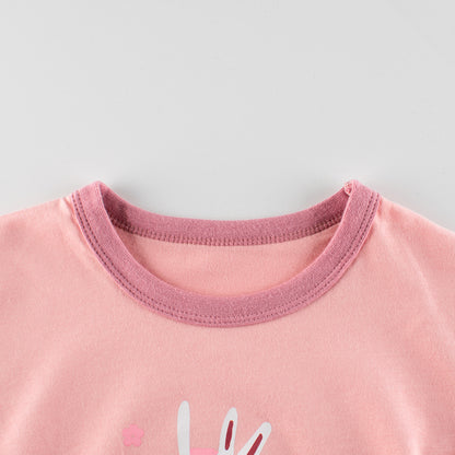 Pink Cartoon Rabbit Round Collar Short Sleeve T-shirt