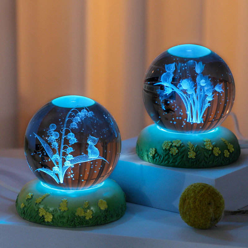 Sfera di cristallo 3D con fiore scolpito all'interno della lampada notturna a sfera di vetro