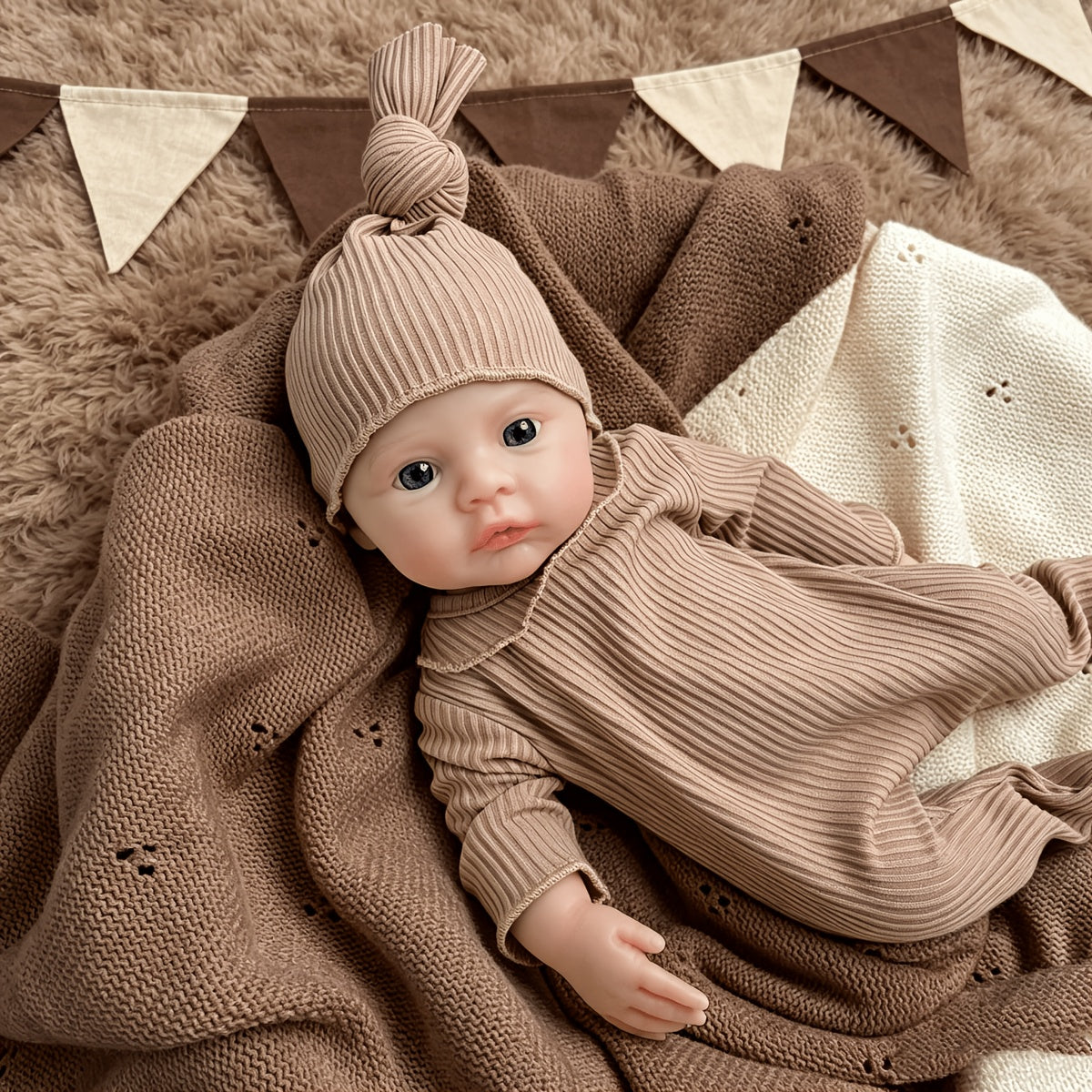 Bambina reborn Meadow in silicone integrale da 30 cm con tutina marrone