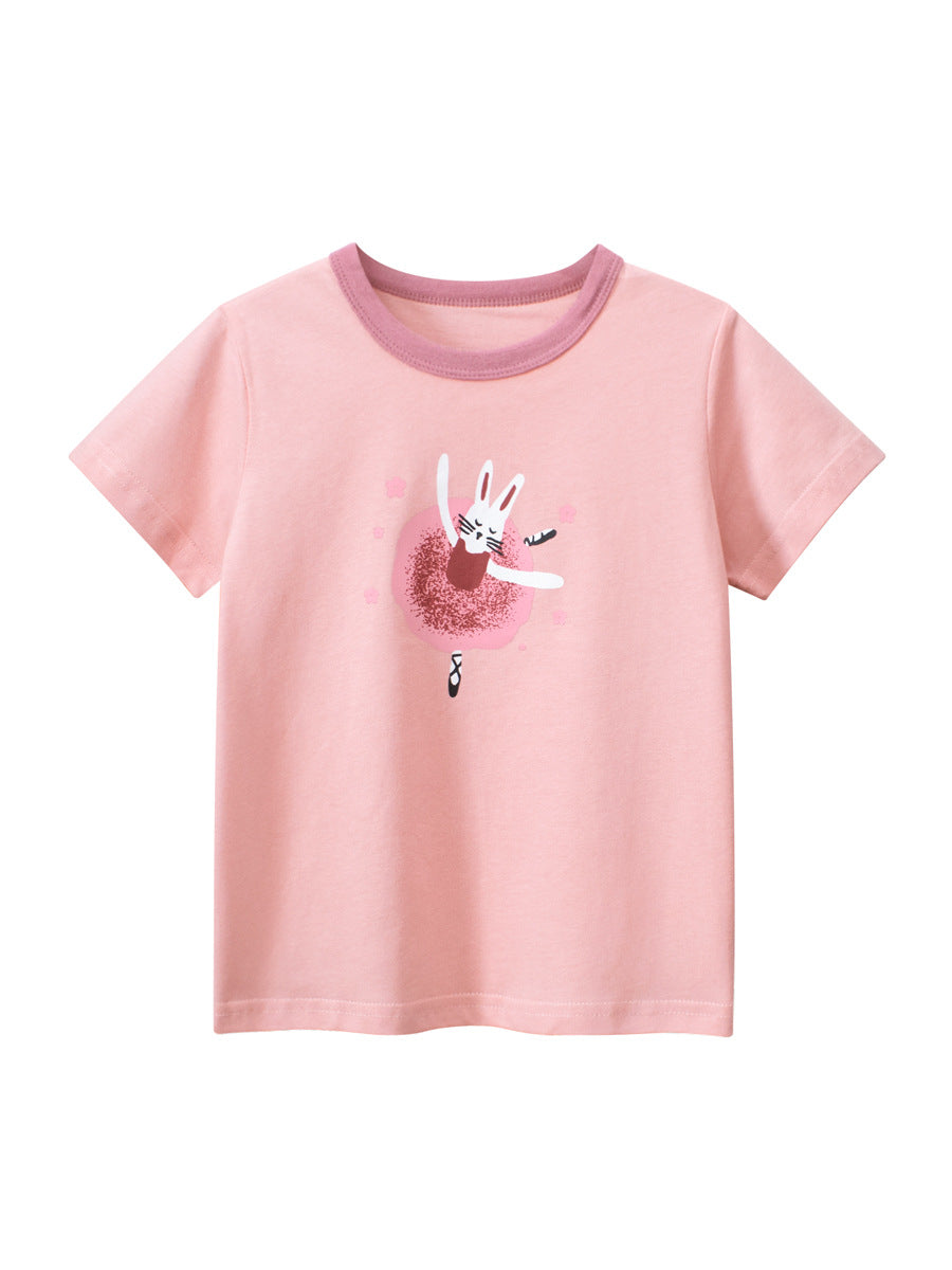 Pink Cartoon Rabbit Round Collar Short Sleeve T-shirt