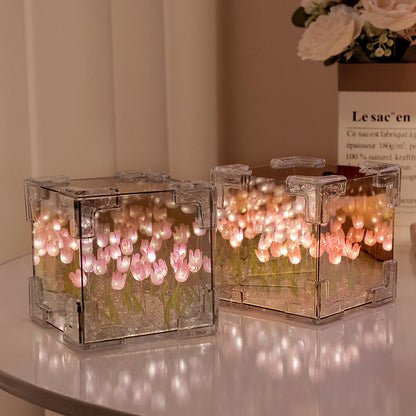 Luce notturna a specchio 3D creativa con cubo di Rubik e 20 tulipani