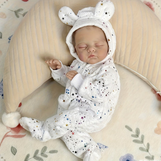 Bambola reborn Irys addormentata da 19 pollici dipinta in 3D con abiti bianchi a stella