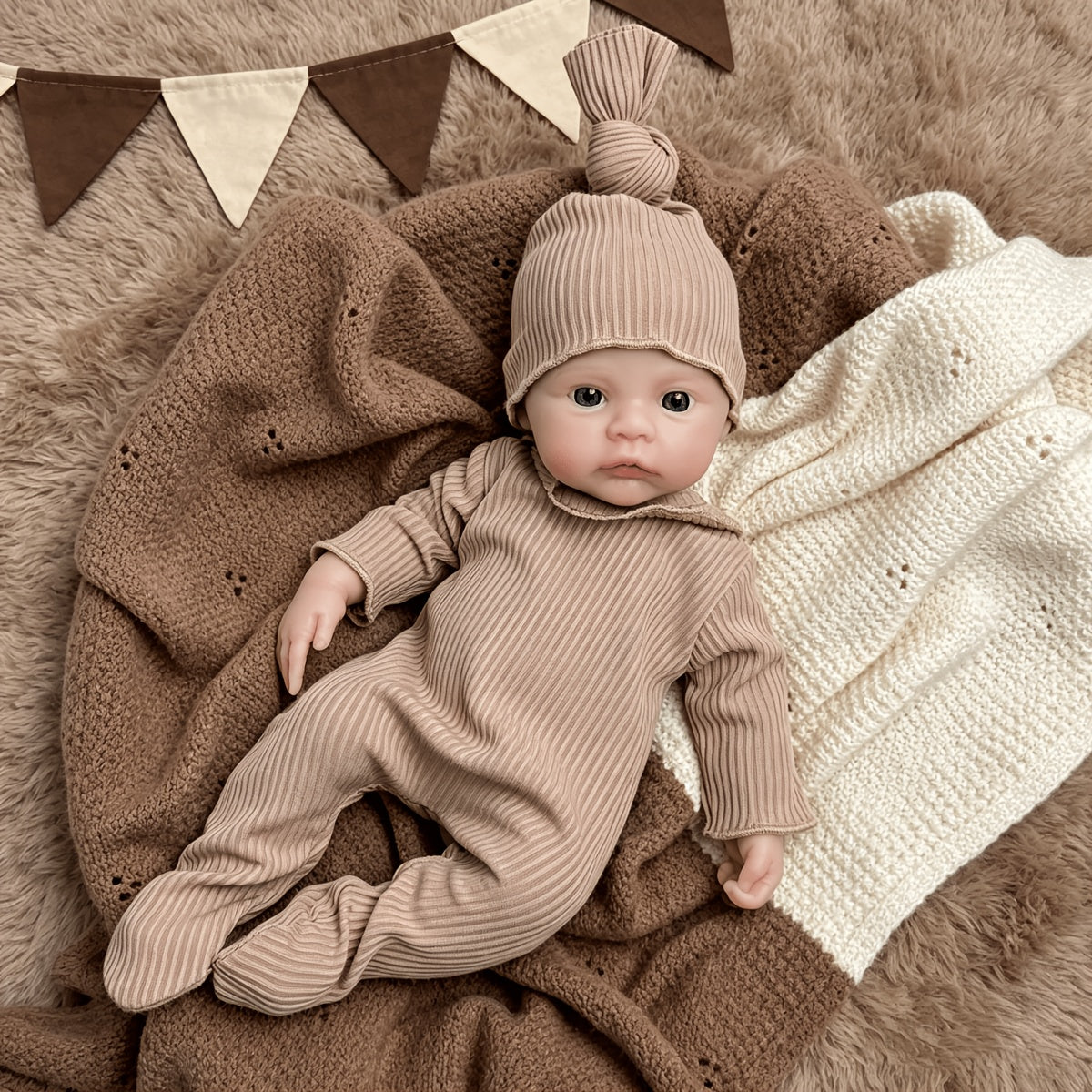Bambina reborn Meadow in silicone integrale da 30 cm con tutina marrone