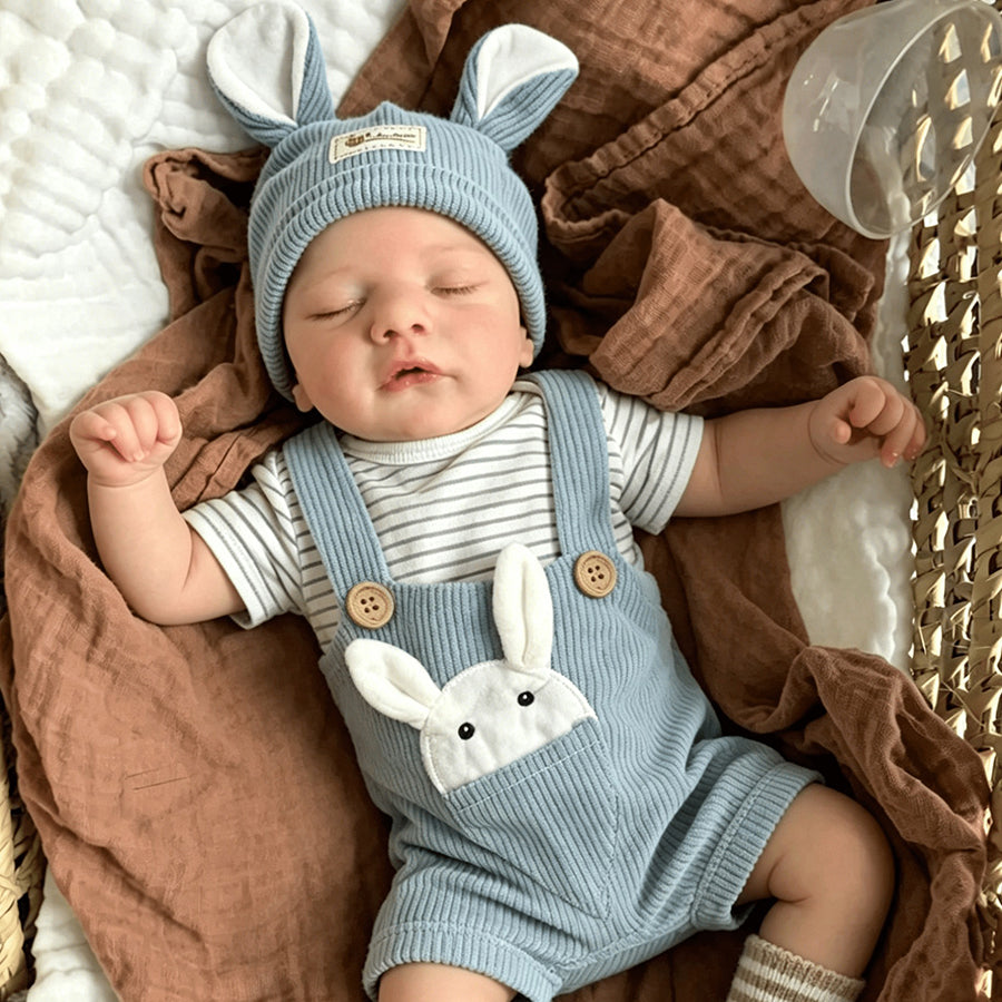 Bambola reborn Sam da 19 pollici con occhi chiusi vestita da coniglio blu