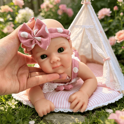 Bambola reborn Bettie da 30cm interamente in silicone con vestitino a pois rosa