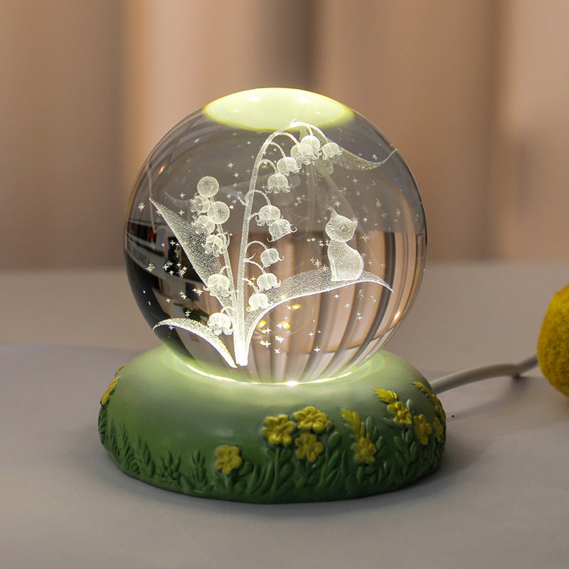 Sfera di cristallo 3D con fiore scolpito all'interno della lampada notturna a sfera di vetro