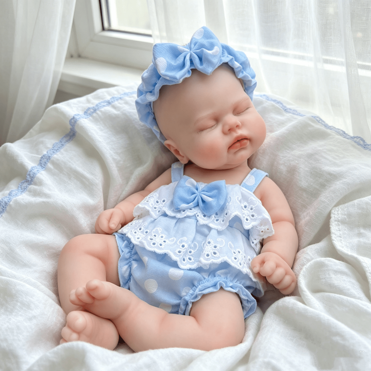 Bambola reborn in silicone realistica Pickle 30 cm con vestito a pois blu