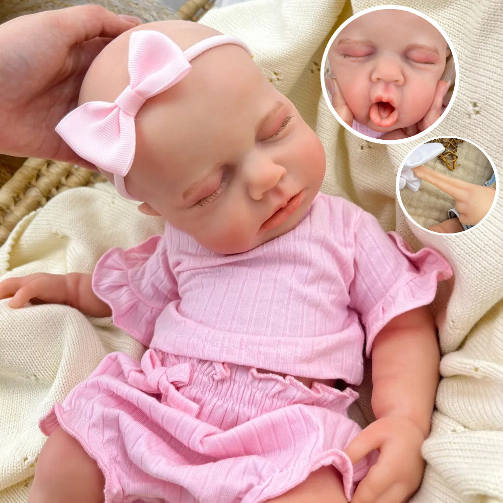 Bambina Reborn Loulou da 45 cm in silicone pieno ed elastico (occhi chiusi) con completino rosa