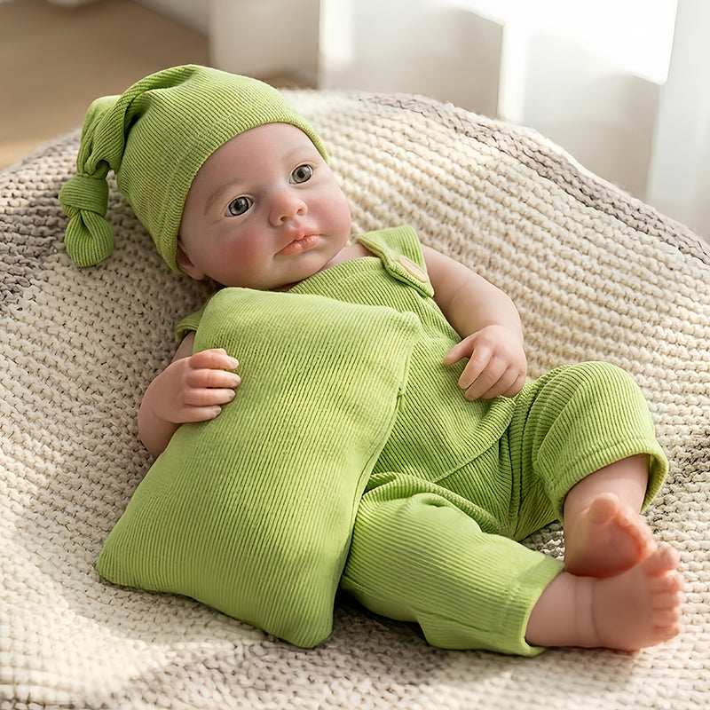 Bambola Reborn femmina Loulou in silicone (corpo intero) da 18 pollici (occhi aperti) con completino verde