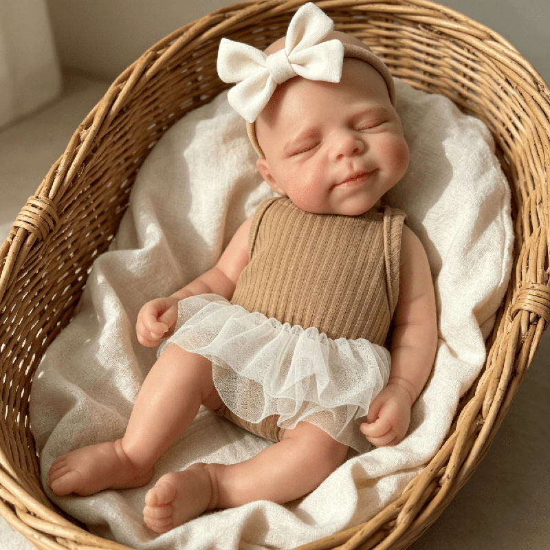 Bambola reborn in silicone Pascale da 30 cm addormentata con vestito marrone