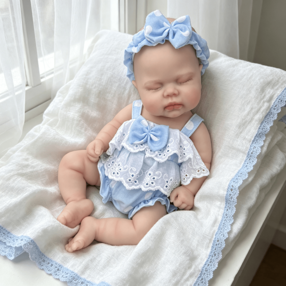 Bambola reborn in silicone realistica Pickle 30 cm con vestito a pois blu