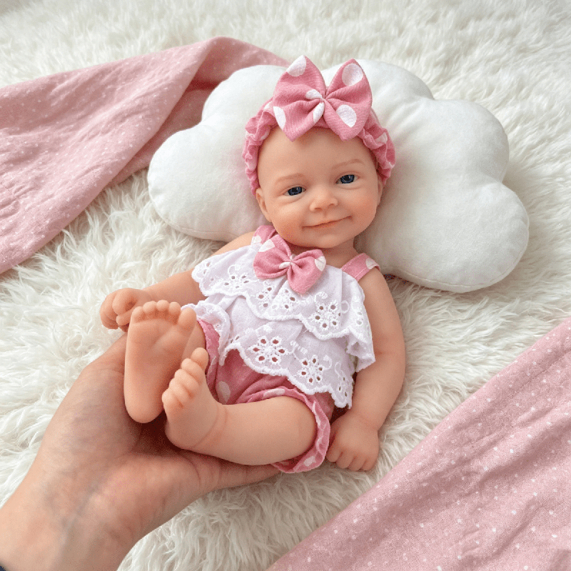 30cm Open Eyes Smile Sebastian Silicone Reborn Baby Girl in Pink Polk Dot Bodysuits