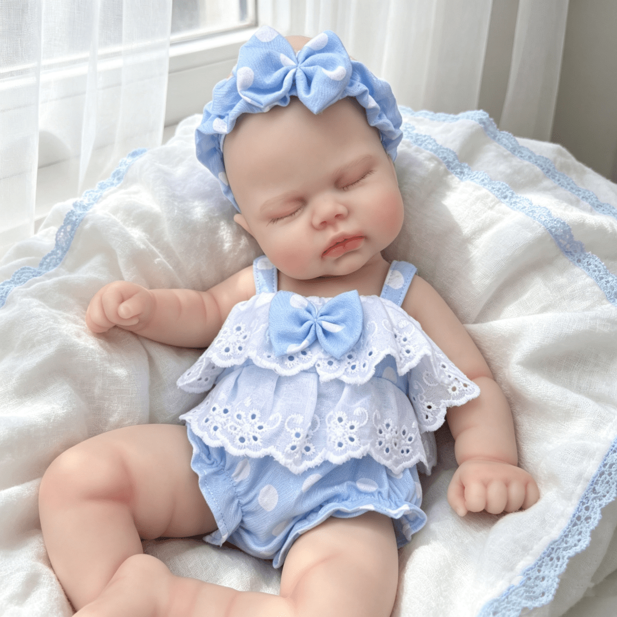 Bambola reborn in silicone realistica Pickle 30 cm con vestito a pois blu