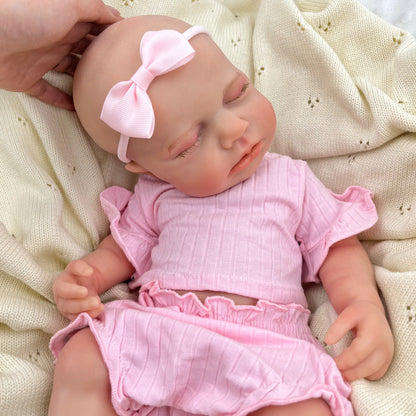 Bambina Reborn Loulou da 45 cm in silicone pieno ed elastico (occhi chiusi) con completino rosa