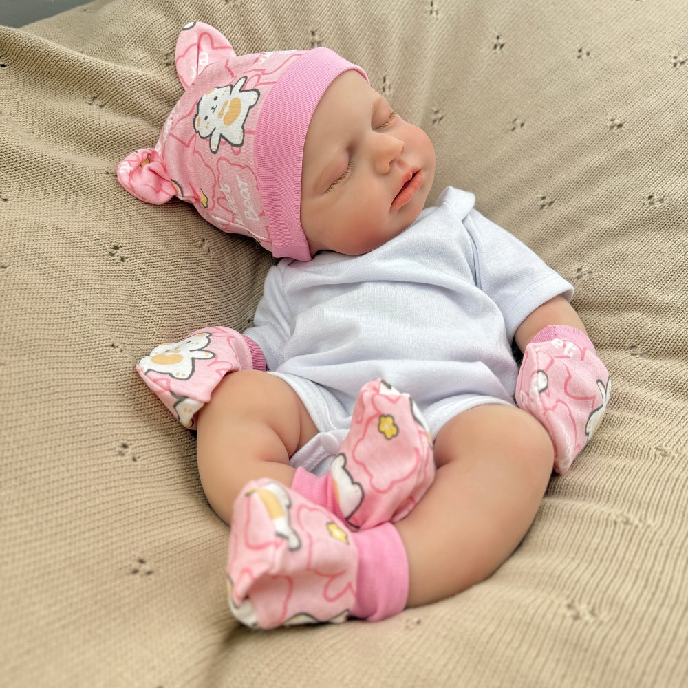 Bambina Reborn Loulou da 45 cm in silicone pieno ed elastico (occhi chiusi) con completino bianco