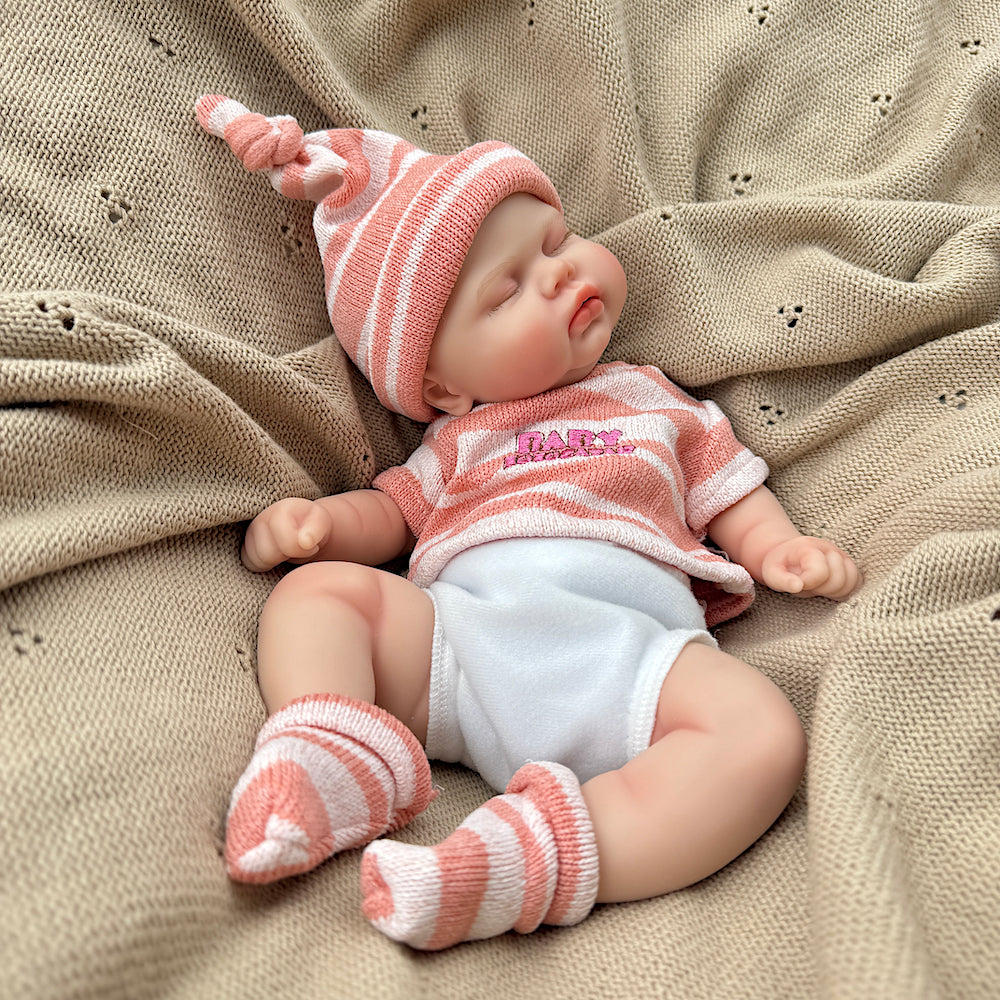 30cm Realistic Silicone Pickle Reborn Doll Girl In Pink Stripe Outfits