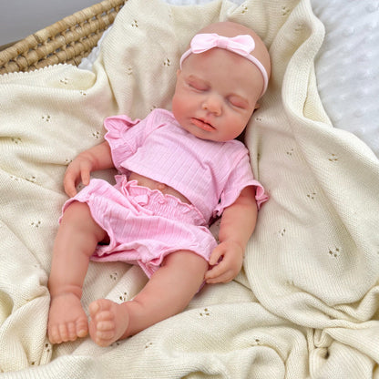 Bambina Reborn Loulou da 45 cm in silicone pieno ed elastico (occhi chiusi) con completino rosa