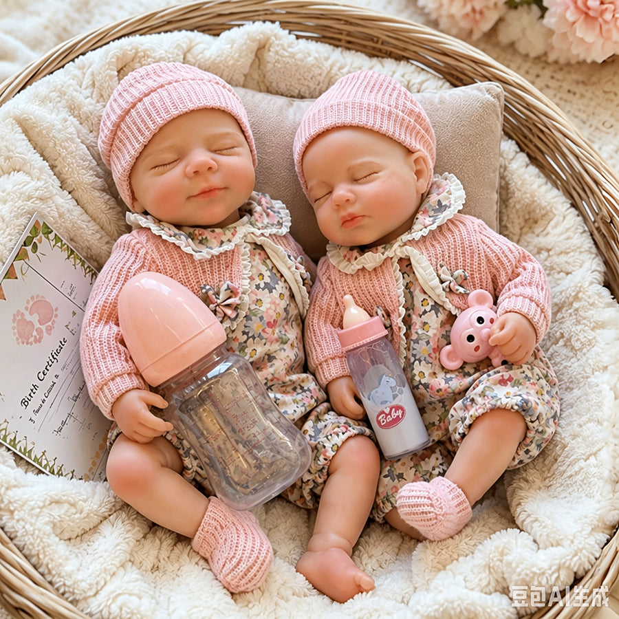 Gemelline Reborn da 30 cm in silicone pieno con occhi chiusi- Pascale e Loulou