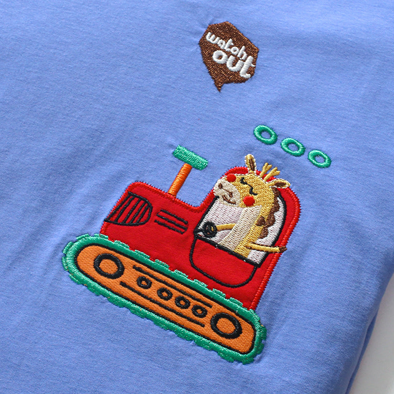 T-shirt da ragazzo a maniche corte con girocollo in tinta unita cartone animato