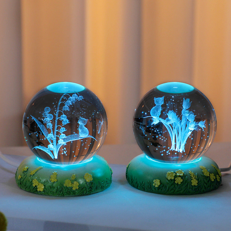 Sfera di cristallo 3D con fiore scolpito all'interno della lampada notturna a sfera di vetro